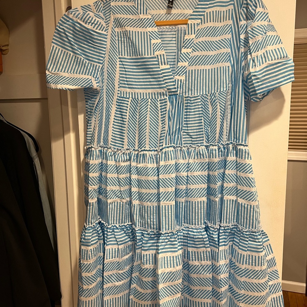 Aqua Blue and White Striped Dress